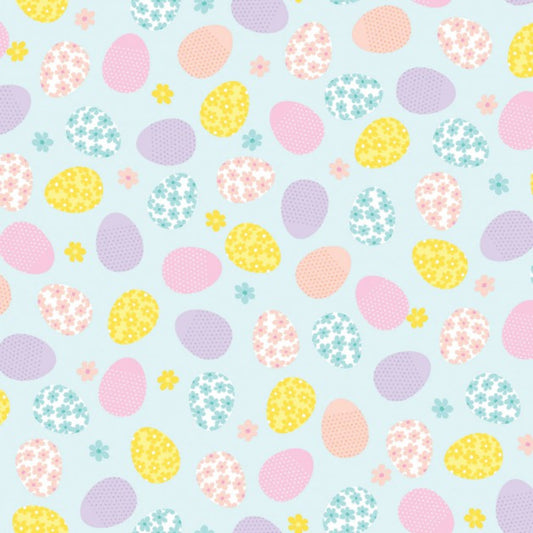 Benartex Love Bunny Patterned Eggs on Blue Easter - Seasonal Fabrics - Little Red General Store