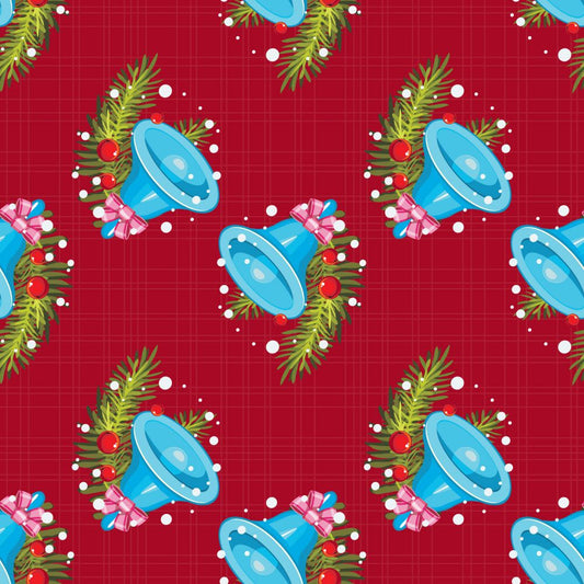 45 x 36 Christmas Blue Bells on Red 100% Cotton Fabric - Seasonal Fabrics - Little Red General Store