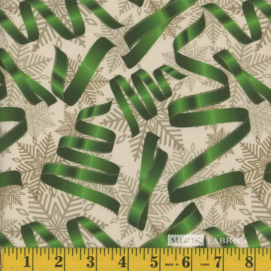 44 x 36 Green Ribbons Silver Snowflakes Christmas 100% Cotton Fabric - Seasonal Fabrics - Little Red General Store