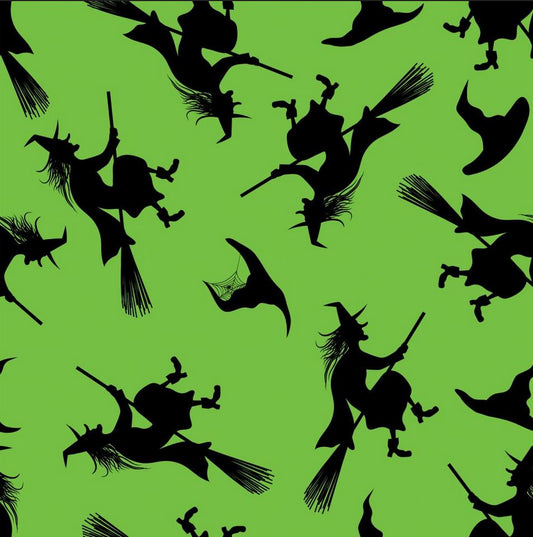 45 x 36 Halloween Flying Witches on Broomsticks on Green 100% Cotton Fabric - Seasonal Fabrics - Little Red General Store
