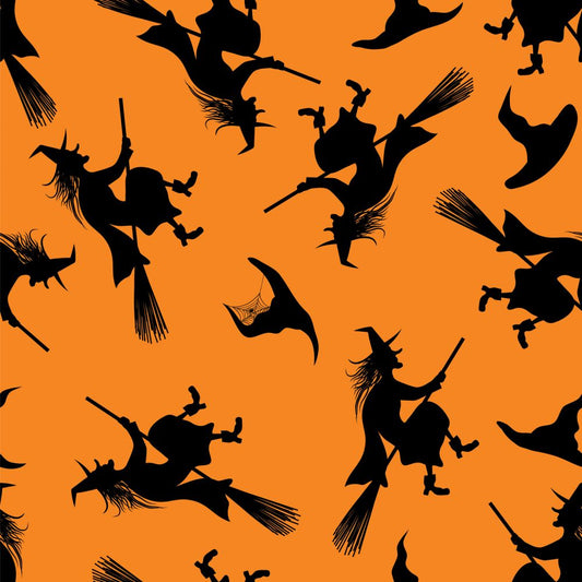 45 x 36 Halloween Flying Witches on Broomsticks on Orange 100% Cotton Fabric - Seasonal Fabrics - Little Red General Store