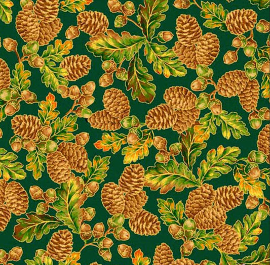 44 x 36 Acorns Pinecones Leaves On Forest Green Quilting Treasures 100% Cotton Thanksgiving - Seasonal Fabrics - Little Red General Store