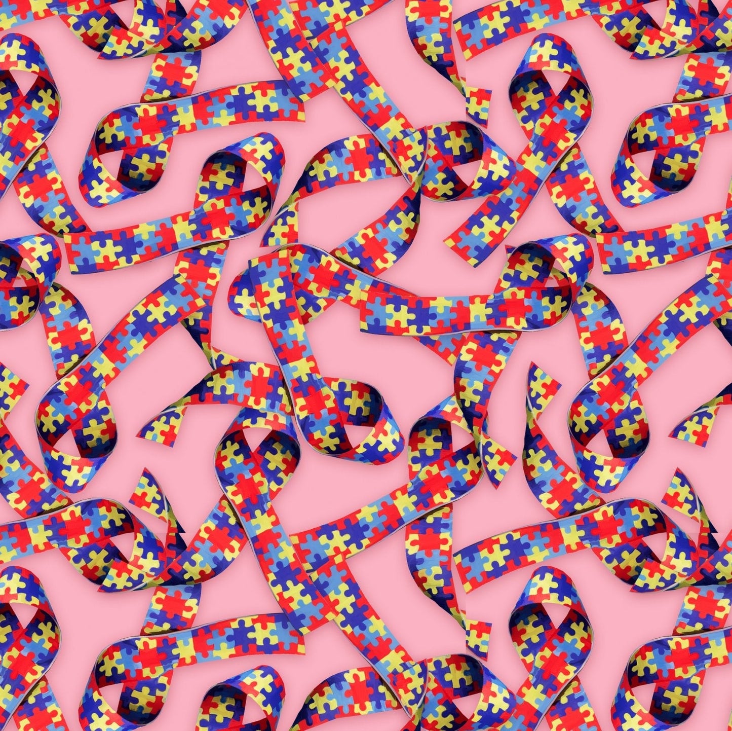 45 x 36 Autism Awareness Puzzle Ribbons on Pink Digitally Printed 100% Cotton - Seasonal Fabrics - Little Red General Store