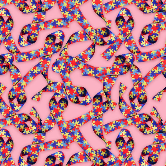 45 x 36 Autism Awareness Puzzle Ribbons on Pink Digitally Printed 100% Cotton - Seasonal Fabrics - Little Red General Store
