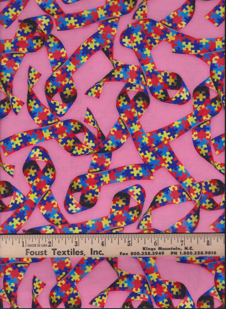 45 x 36 Autism Awareness Puzzle Ribbons on Pink Digitally Printed 100% Cotton - Seasonal Fabrics - Little Red General Store