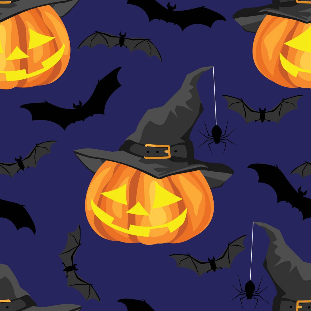 45 x 36 Halloween Pumpkins and Bats on Blue 100% Cotton Fabric - Seasonal Fabrics - Little Red General Store