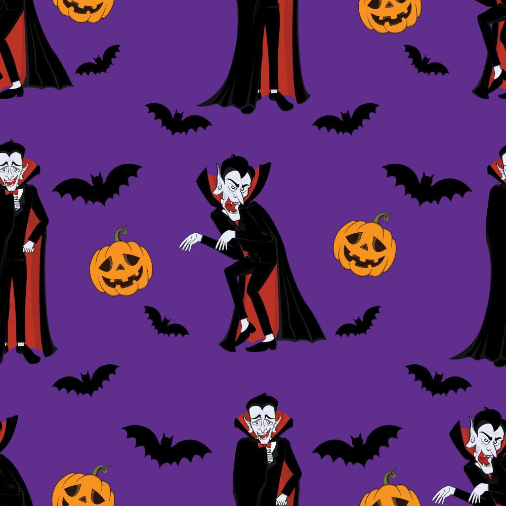 45 x 36 Halloween Vampires Bats and Pumpkins on Purple 100% Cotton Fabric - Seasonal Fabrics - Little Red General Store