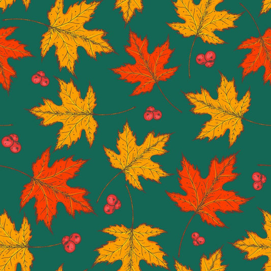 45 x 36 Fall Autumn Thanksgiving Orange and Yellow Leaves on Teal 100% Cotton Fabric - Seasonal Fabrics - Little Red General Store