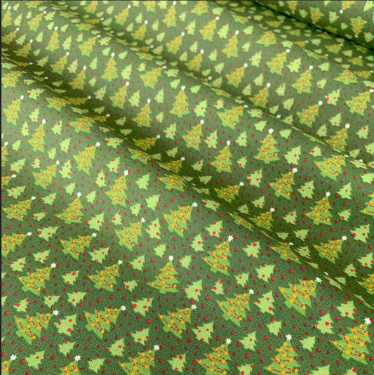 45 x 36 Tossed Green Christmas Trees on Green 100% Cotton Fabric - Seasonal Fabrics - Little Red General Store