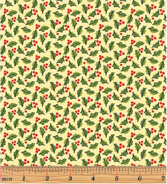 44 x 36 Jolly Holly and Berries on Butter Yellow Christmas Benartex 100% Cotton - Seasonal Fabrics - Little Red General Store