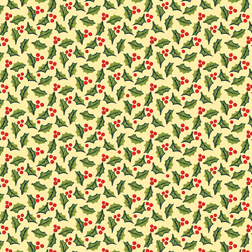 44 x 36 Jolly Holly and Berries on Butter Yellow Christmas Benartex 100% Cotton - Seasonal Fabrics - Little Red General Store