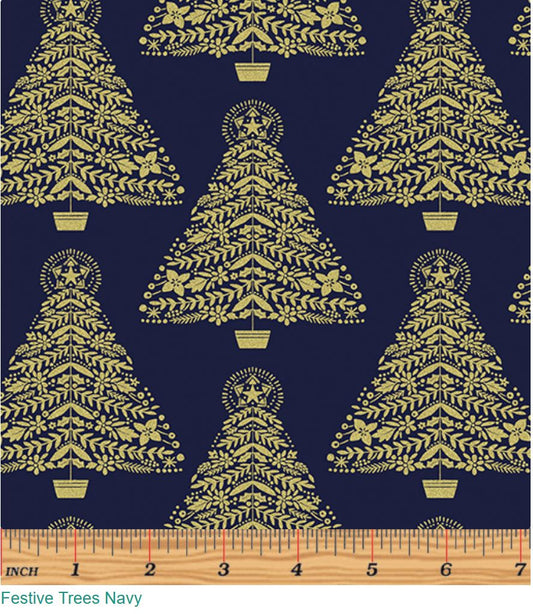44 x 36 Festive Trees on Navy Benartex Christmas Metallic 100% Cotton Fabric - Seasonal Fabrics - Little Red General Store