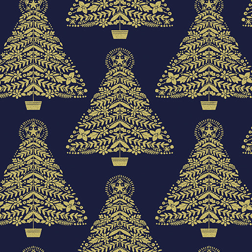 44 x 36 Festive Trees on Navy Benartex Christmas Metallic 100% Cotton Fabric - Seasonal Fabrics - Little Red General Store