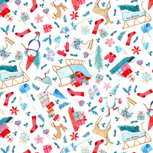 44 x 36 Timeless Treasures Gnomes Assorted White Christmas 100% Cotton Fabric - Seasonal Fabrics - Little Red General Store