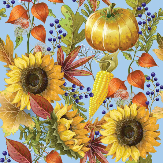 44 x 36 Pumpkins and Sunflowers on Light Blue Fall Autumn Thanksgiving 100% Cotton Fabric - Seasonal Fabrics - Little Red General Store