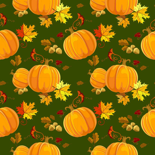 45 x 36 Pumpkins and Leaves on Dark Green 100% CottonFall Autumn Thanksgiving Fabric - Seasonal Fabrics - Little Red General Store