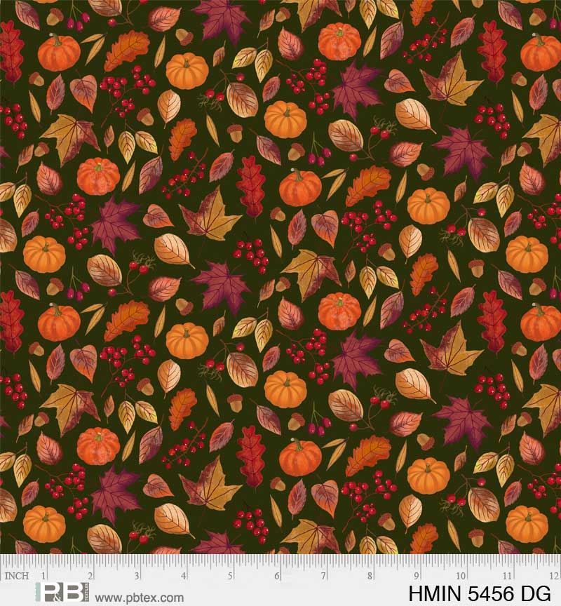 P&B Textiles Harvest Minis Leaf and Pumpkins Dark Green Thanksgiving - Seasonal Fabrics - Little Red General Store