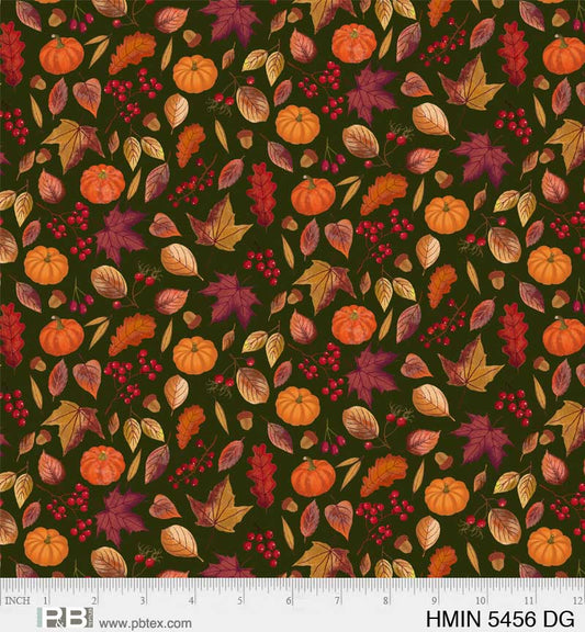 P&B Textiles Harvest Minis Leaf and Pumpkins Dark Green Thanksgiving - Seasonal Fabrics - Little Red General Store