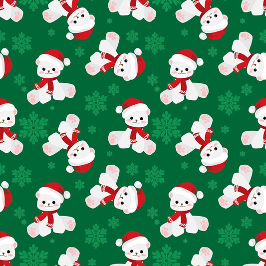 45 x 36 Christmas Teddy Bears and Snowflakes on Green 100% Cotton Fabric - Seasonal Fabrics - Little Red General Store