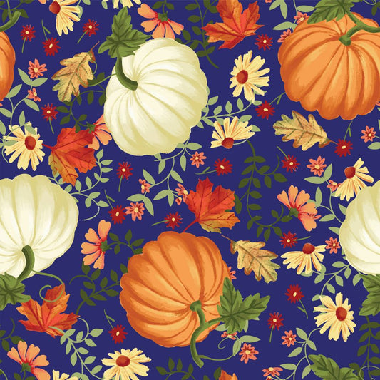 45 x 36 Fall Autumn Thanksgiving Orange and White Pumpkins on Blue 100% Cotton - Seasonal Fabrics - Little Red General Store