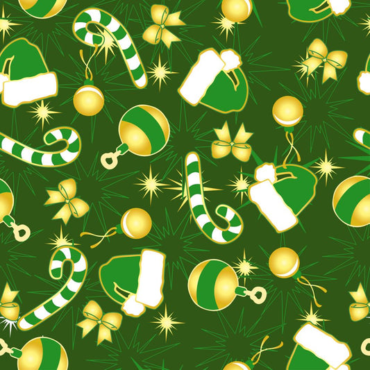 45 x 36 Christmas Gold and Green Balls Bows and Hats on Green 100% Cotton Fabric - Seasonal Fabrics - Little Red General Store