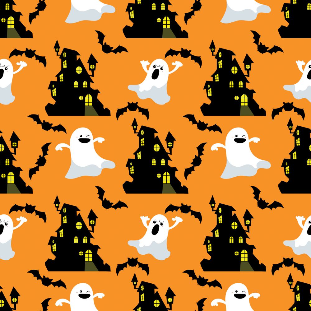 45 x 36 Halloween Ghosts and Haunted House on Orange 100% Cotton Fabric - Seasonal Fabrics - Little Red General Store
