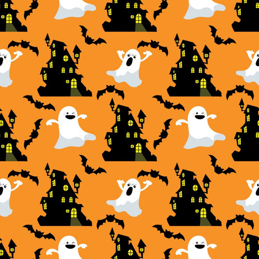 45 x 36 Halloween Ghosts and Haunted House on Orange 100% Cotton Fabric - Seasonal Fabrics - Little Red General Store