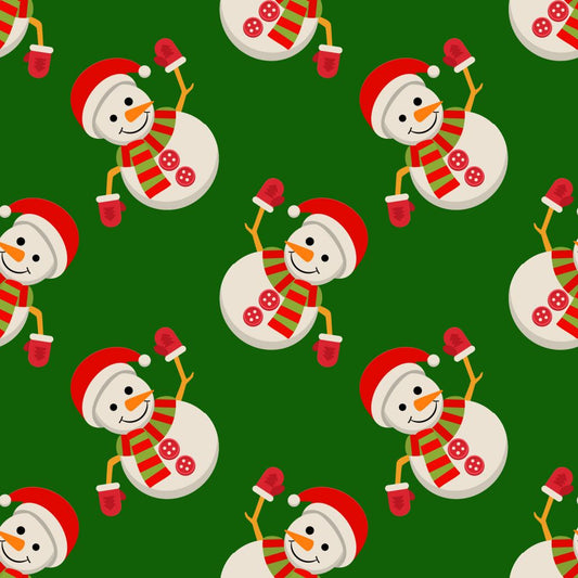 45 x 36 Christmas Waving Snowmen on Green 100% Cotton - Seasonal Fabrics - Little Red General Store