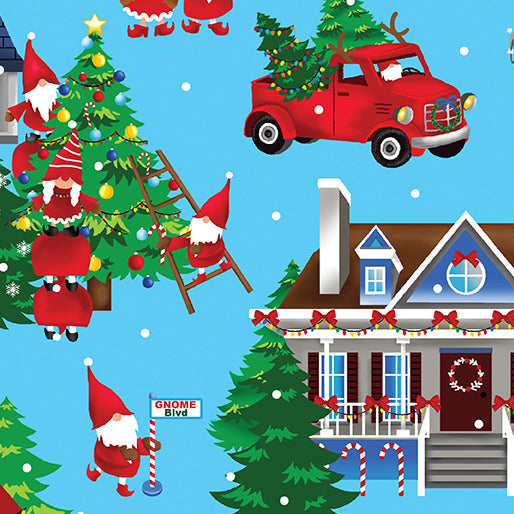 44 x 36 Christmas Gnome Sweet Gnome on Blue Benartex 100% Cotton - Seasonal Fabrics - Little Red General Store
