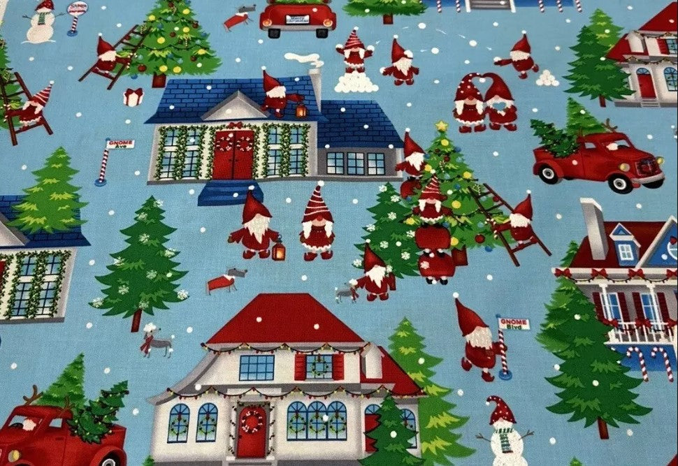 44 x 36 Christmas Gnome Sweet Gnome on Blue Benartex 100% Cotton - Seasonal Fabrics - Little Red General Store