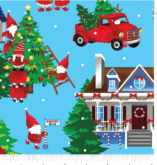 44 x 36 Christmas Gnome Sweet Gnome on Blue Benartex 100% Cotton - Seasonal Fabrics - Little Red General Store