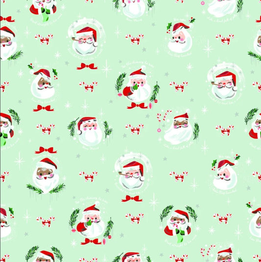 Christmas Santa on Light Mint Green Riley Blake 100% Cotton Price Per Yard - Seasonal Fabrics - Little Red General Store