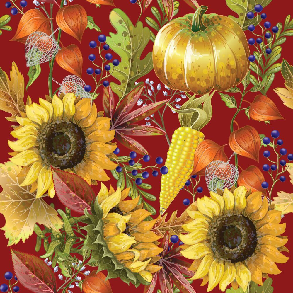 45 x 36 Pumpkins and Sunflowers on Burgundy Fall Autumn Thanksgiving 100% Cotton Fabric - Seasonal Fabrics - Little Red General Store