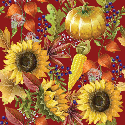 45 x 36 Pumpkins and Sunflowers on Burgundy Fall Autumn Thanksgiving 100% Cotton Fabric - Seasonal Fabrics - Little Red General Store