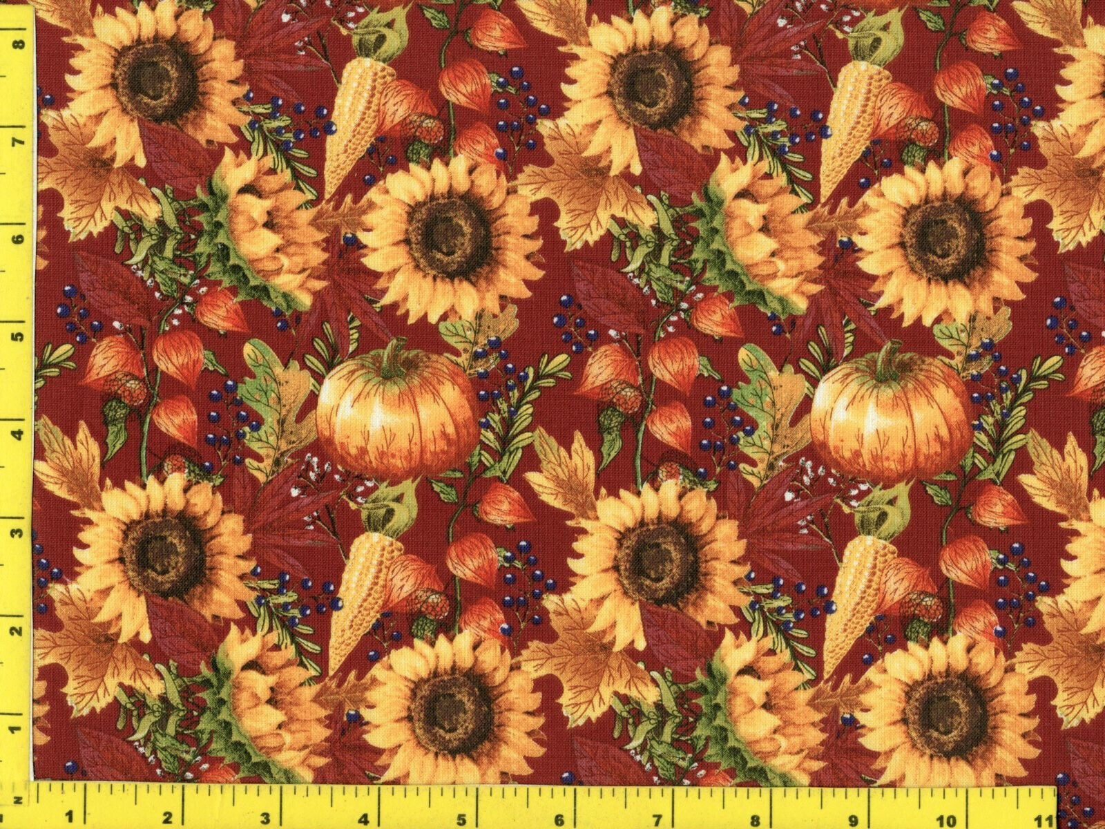45 x 36 Pumpkins and Sunflowers on Burgundy Fall Autumn Thanksgiving 100% Cotton Fabric - Seasonal Fabrics - Little Red General Store