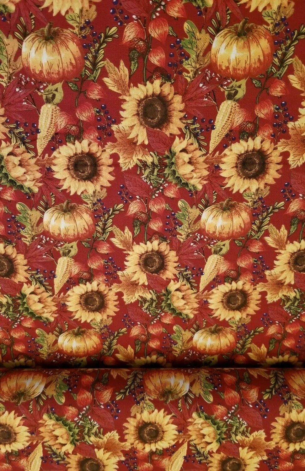 45 x 36 Pumpkins and Sunflowers on Burgundy Fall Autumn Thanksgiving 100% Cotton Fabric - Seasonal Fabrics - Little Red General Store