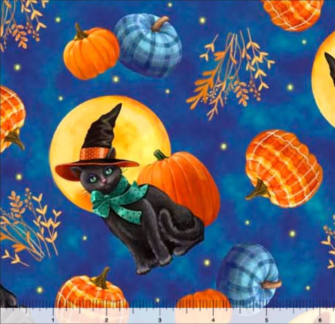 44 x 36 Cat and Pumpkin Toss On Blue Quilting Treasures 100% Cotton Halloween - Seasonal Fabrics - Little Red General Store