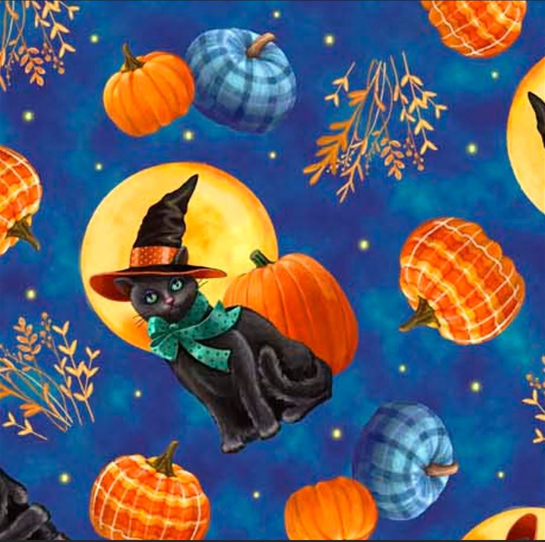 44 x 36 Cat and Pumpkin Toss On Blue Quilting Treasures 100% Cotton Halloween - Seasonal Fabrics - Little Red General Store