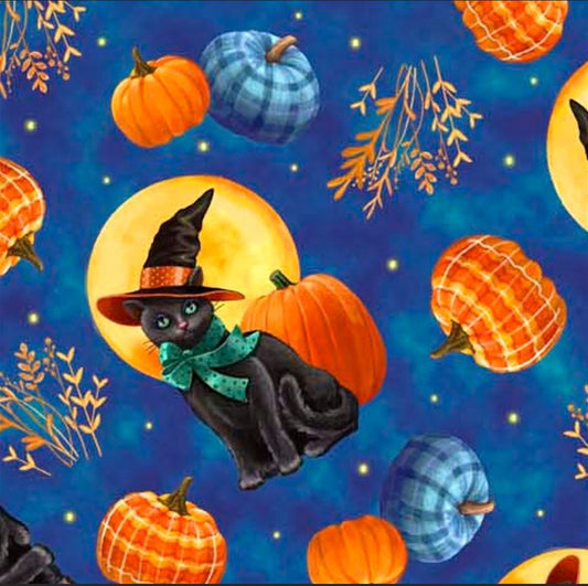 44 x 36 Cat and Pumpkin Toss On Blue Quilting Treasures 100% Cotton Halloween - Seasonal Fabrics - Little Red General Store
