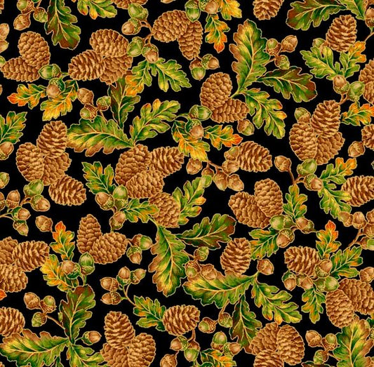 44 x 36 Acorns Pinecones Leaves On Black Quilting Treasures 100% Cotton Thanksgiving - Seasonal Fabrics - Little Red General Store
