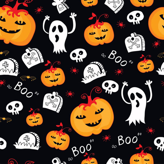 45 x 36 Halloween Ghosts BOO and Pumpkins on Black 100% Cotton Fabric - Seasonal Fabrics - Little Red General Store