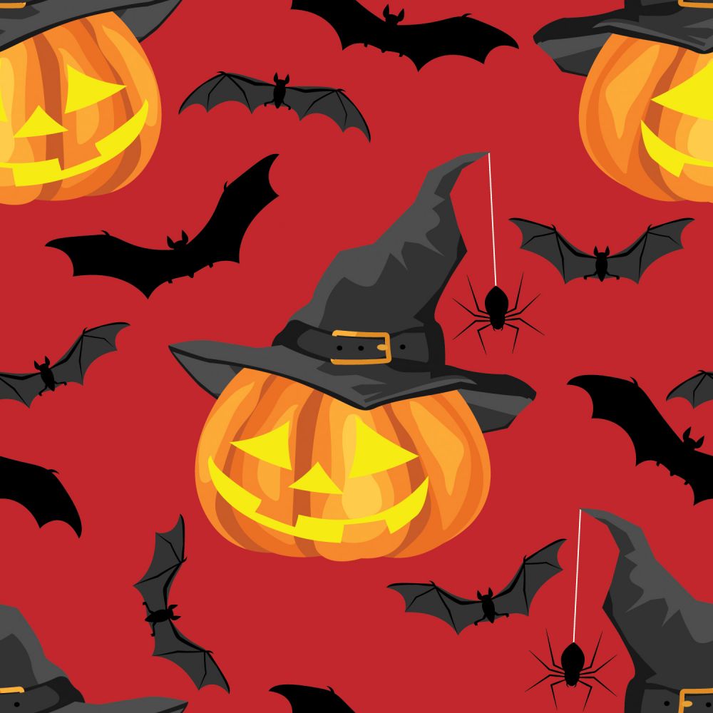 45 x 36 Halloween Lighted Pumpkins and Bats on Red 100% Cotton Fabric - Seasonal Fabrics - Little Red General Store