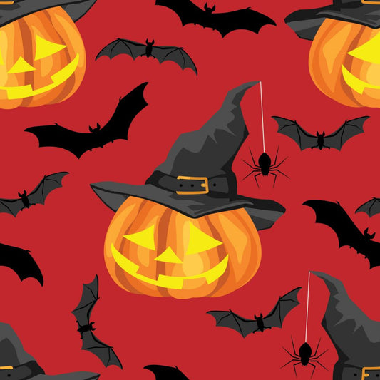 45 x 36 Halloween Lighted Pumpkins and Bats on Red 100% Cotton Fabric - Seasonal Fabrics - Little Red General Store