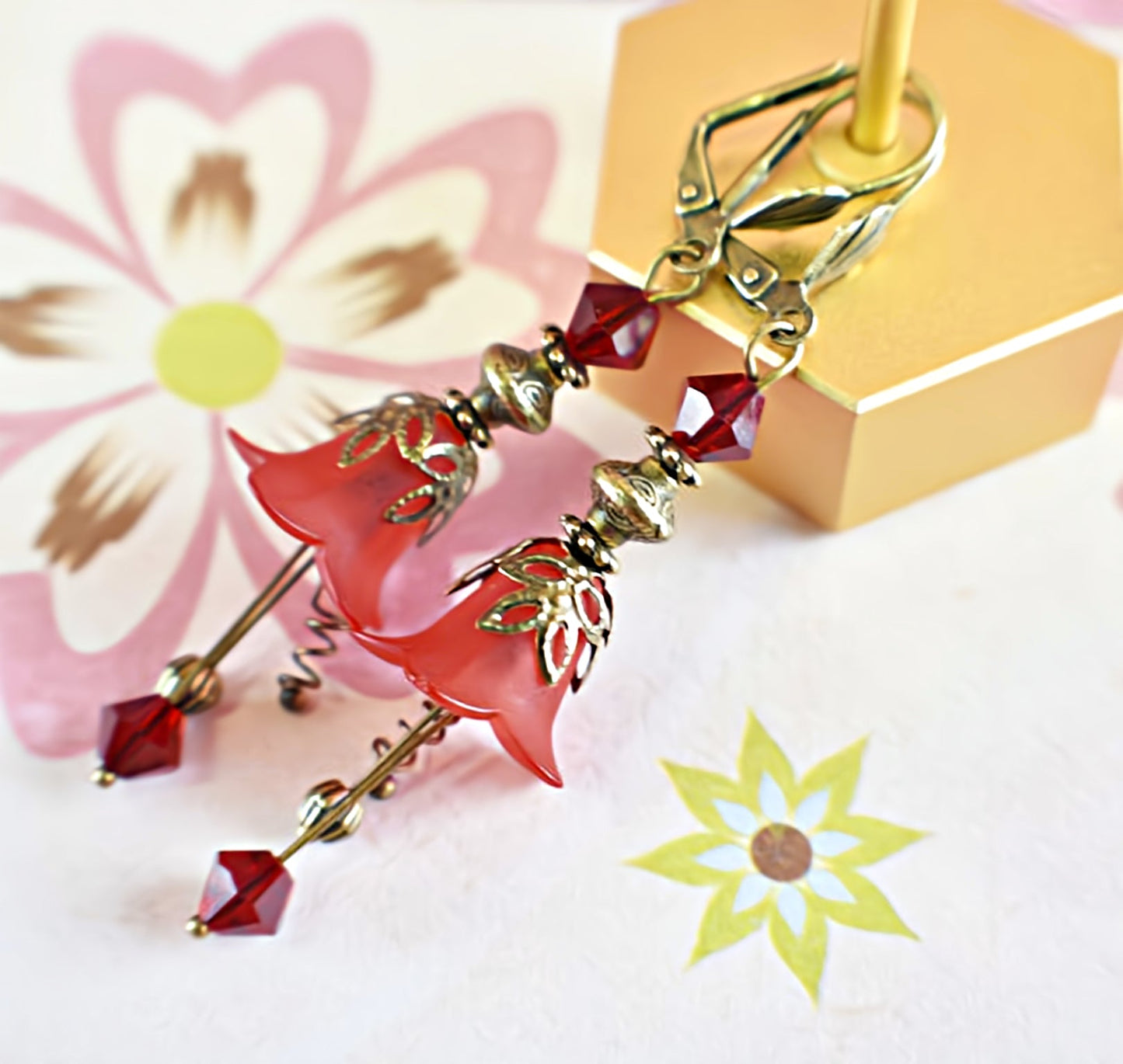 Vintage Victorian Style Siam Red and Antique Bronze Bell Flower Lucite Earrings