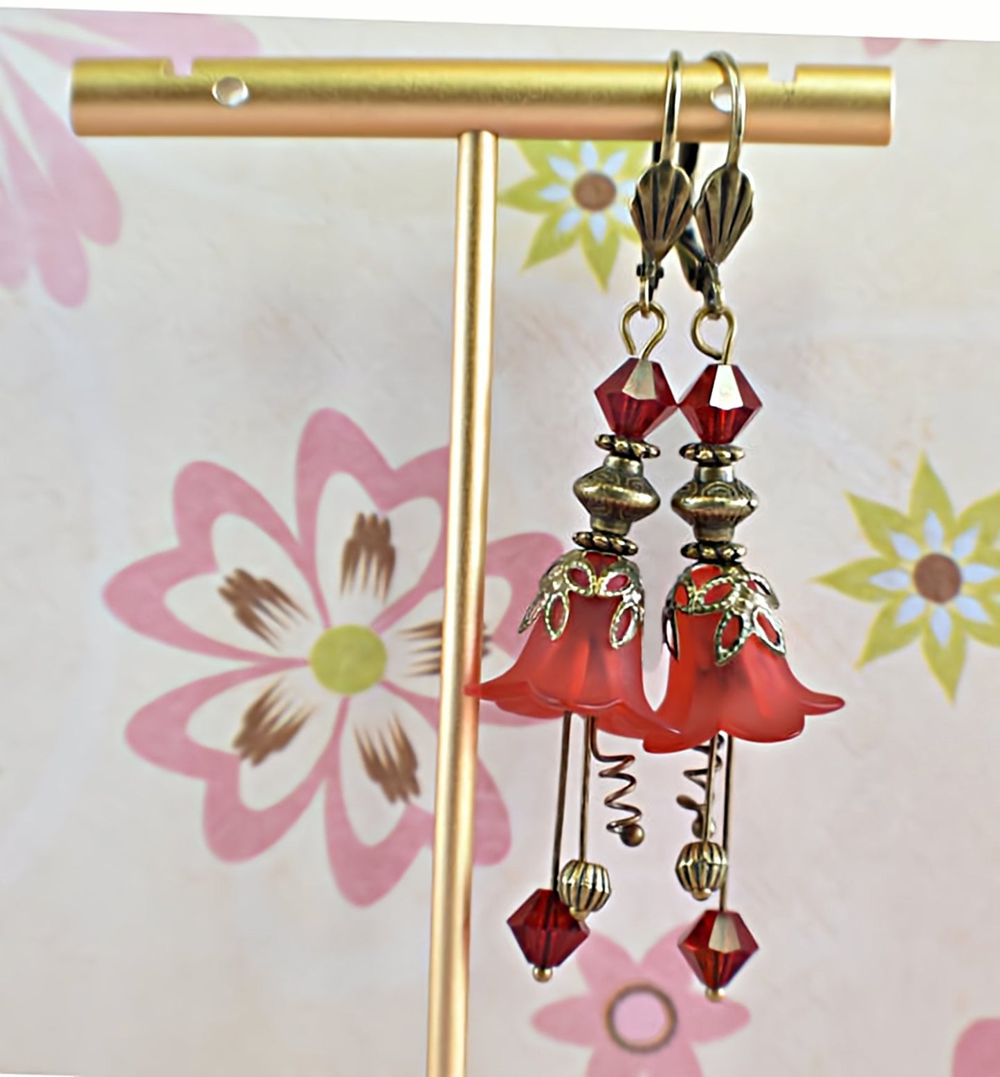 Vintage Victorian Style Siam Red and Antique Bronze Bell Flower Lucite Earrings