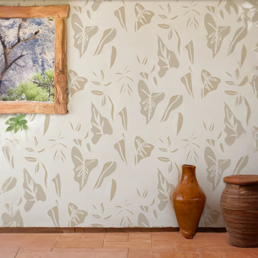 Block Print Foliage Wallpaper, off-white and tan