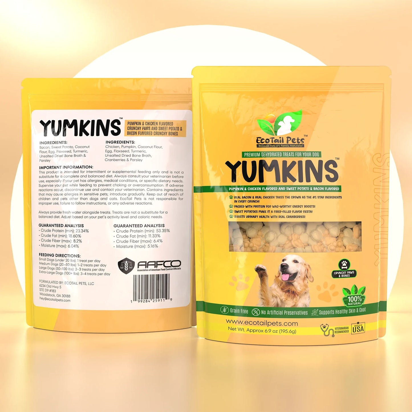 𝗦𝗨𝗕𝗦𝗖𝗥𝗜𝗣𝗧𝗜𝗢𝗡 • Yumkins™: Pumpkin & Chicken Flavored Paws and Sweet Potato & Bacon Flavored Bones - Large Size Single Pouch - 6.9oz