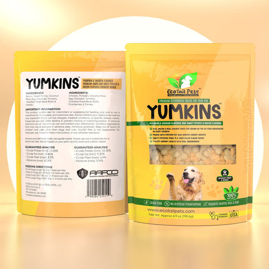 𝗦𝗨𝗕𝗦𝗖𝗥𝗜𝗣𝗧𝗜𝗢𝗡 • Yumkins™: Pumpkin & Chicken Flavored Paws and Sweet Potato & Bacon Flavored Bones - Large Size Single Pouch - 6.9oz