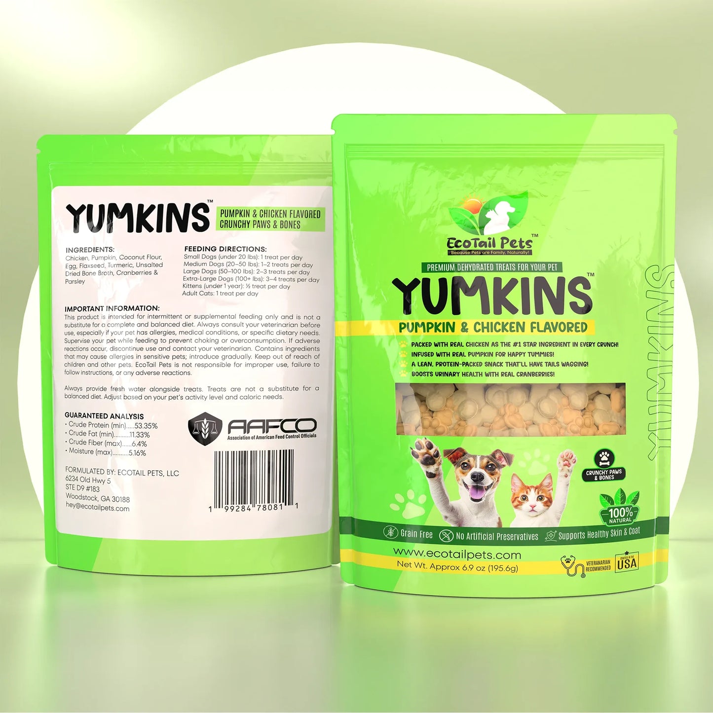 𝗦𝗨𝗕𝗦𝗖𝗥𝗜𝗣𝗧𝗜𝗢𝗡 • Yumkins™: Pumpkin & Chicken Flavored Paws and Bones (Dogs and Cats) - Large Size Single Pouch - 6.9oz