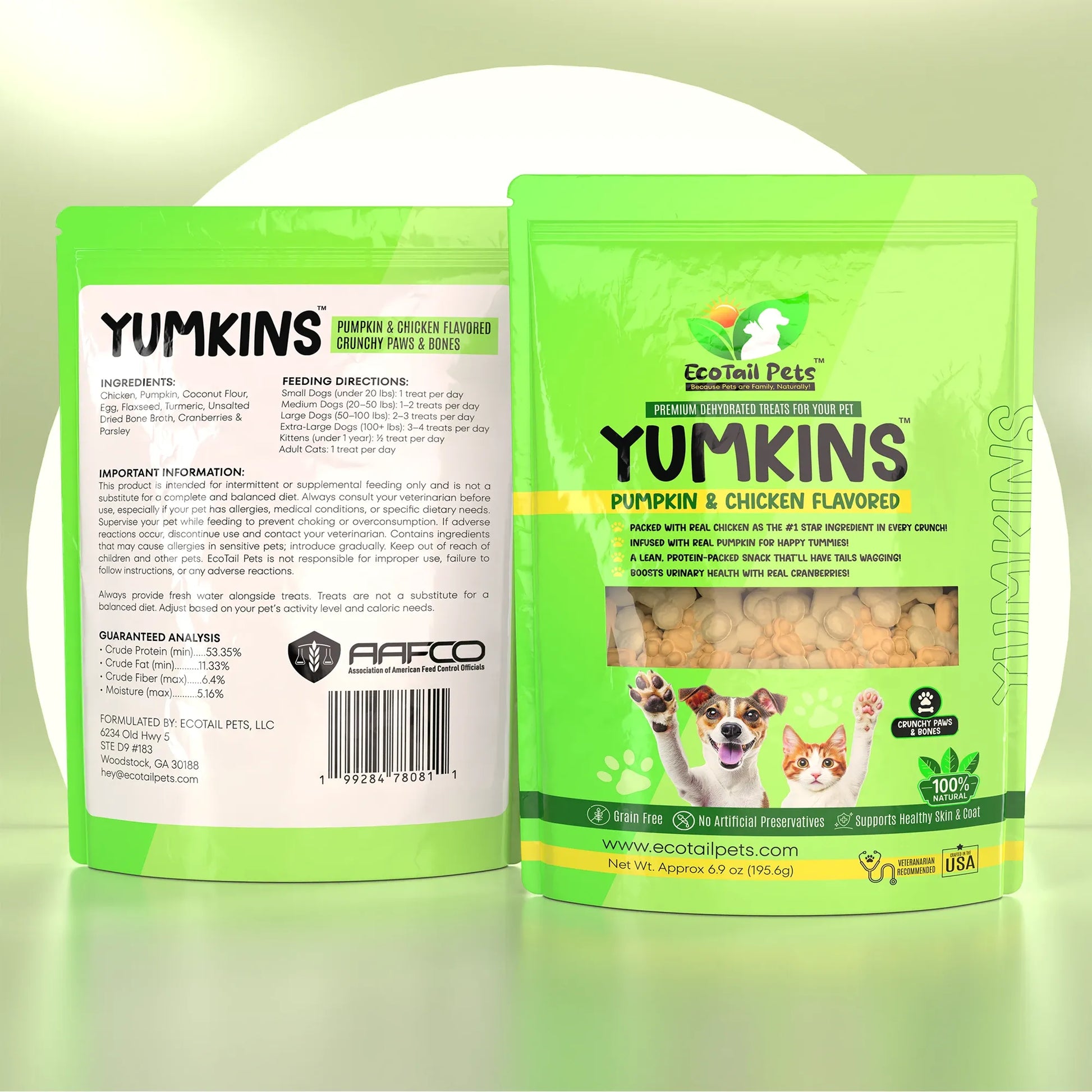 Yumkins™: Pumpkin & Chicken Flavored Paws and Bones (Dogs and Cats) - Large Size Single Pouch - 6.9oz